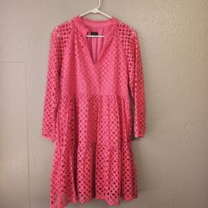 J.Crew Pink Eyelet Lace Dress XS Tiered Ruffle Boho Preppy Mini Babydoll M455
